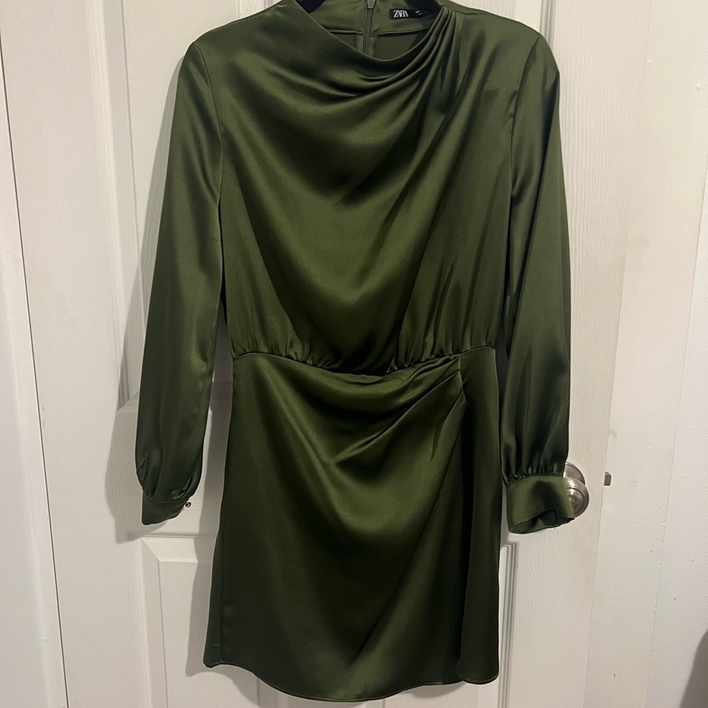 Zara Elegant Olive Green Satin Dress